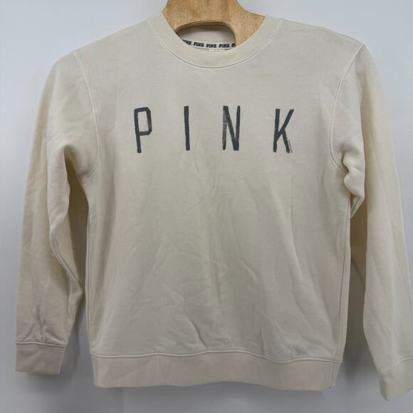 Victoria Secret PINK Campus crew Medium Logo Soft Sweatshirt Cream Pink Yoga - Picture 1 of 12